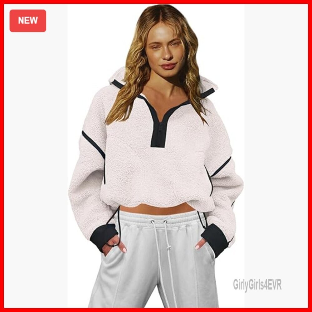 Oversized Sherpa Fleece Pullover Hoodie Half Zip with Pockets